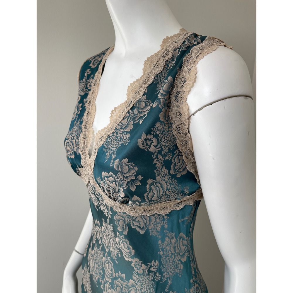 Teal Floral Satin Maxi Slip Dress Lace Trim M Y2K Whimsigoth Fairycore Ethereal - Picture 4 of 10